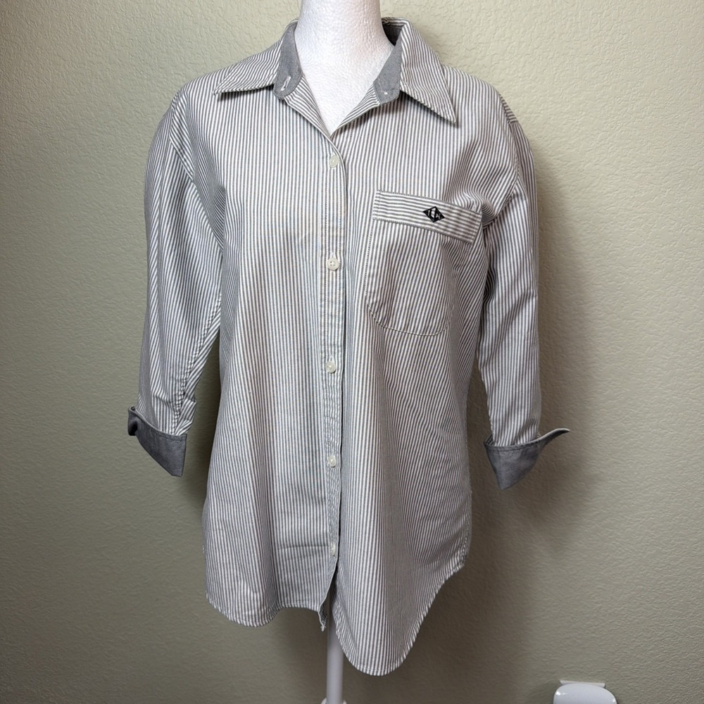 Liz Claiborne Lizsport Shirt Womens S Grey White Stripe Button Up Pocket Logo
